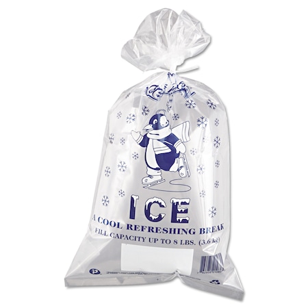 Integrated Bagging Systems Ice Bags with Twist-Ties, Ice: Penguin Icon Labeling, 8 lb Capacity, 11" x 20", Clear, PK1000 IC1120-TT